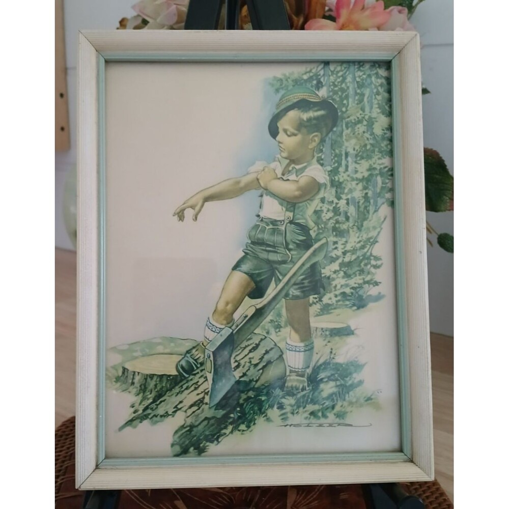 Vintage Art Print Forestry Work Young German Man with Axe In Traditional Dress - Picture 2 of 8